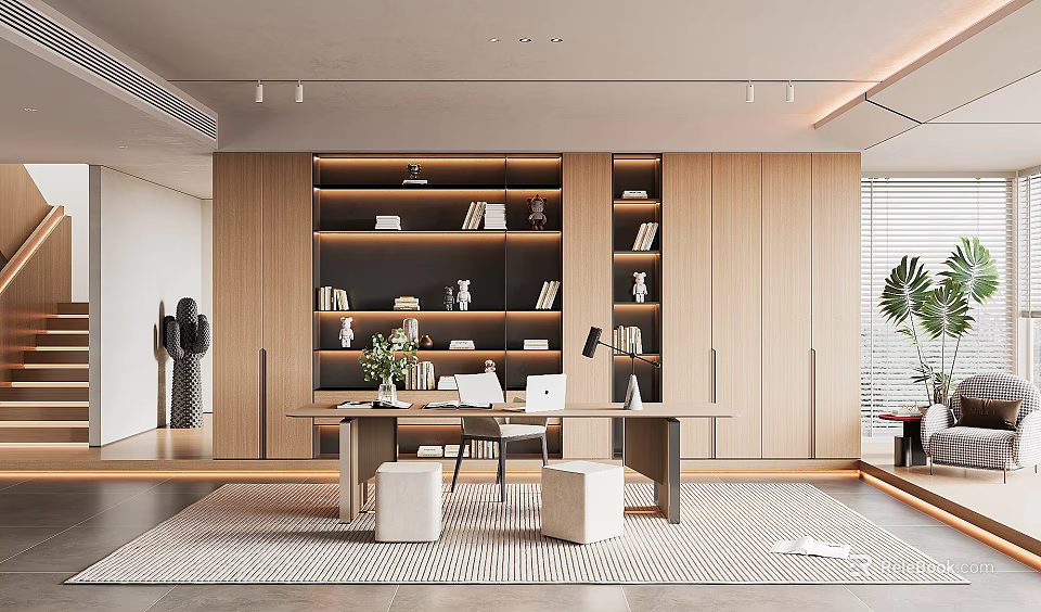 Modern Study Room Interior Design With Wooden Bookshelves Desk And Potted Plant 3d model 