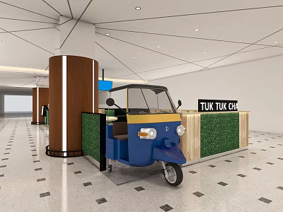 Tuk Tuk Cafe Interior With Blue Tuk Tuk Vehicle Green Plant Wall And Wooden Counter 3d model