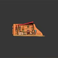 Cartoon Scene of Orange Hut Red Roof Wooden Table Clay Pots Colorful Decorations Hanging Masks