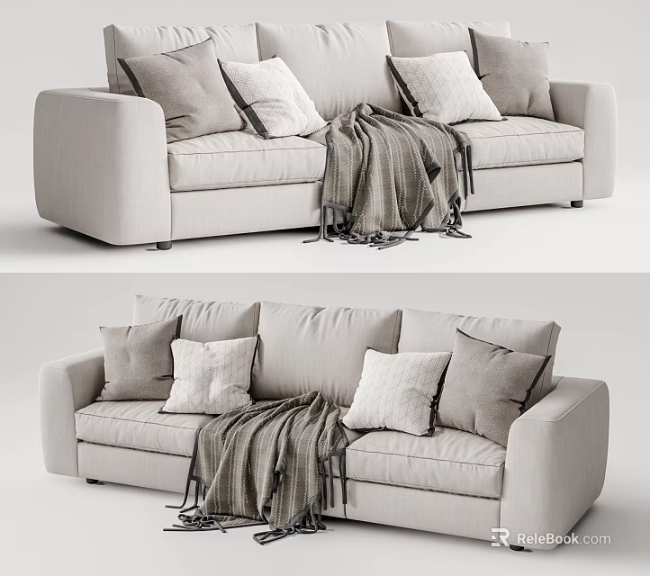 Modern Light Beige Fabric Three Seater Sofa With Pillows And Fringed Blanket 3d model 