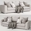 Modern Light Beige Fabric Three Seater Sofa With Pillows And Fringed Blanket