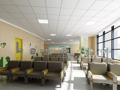 Spacious Hospital Outpatient Waiting Area With Comfortable Waiting Chairs Large Windows And Wall Decorations 3d model