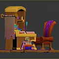 Vibrant Yellow Desk with Red Chair Bookshelf Colorful Items Purple Accents on Wooden Floor