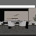Modern Restaurant Interior Design With Large Dining Table Comfortable Chairs And Potted Plant 3d model