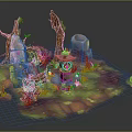 Cartoon Fantasy Scene With Enchanting Tree Trunks Mossy Stones And Luminous Lantern On Vibrant Grass