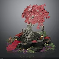 Red Tree Decorative Landscape With Exposed Roots Colorful Flowers And Ornaments