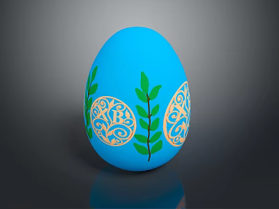 Animal Pattern Decorated Blue Easter Egg With Green Leaves And Gold Designs 3d model