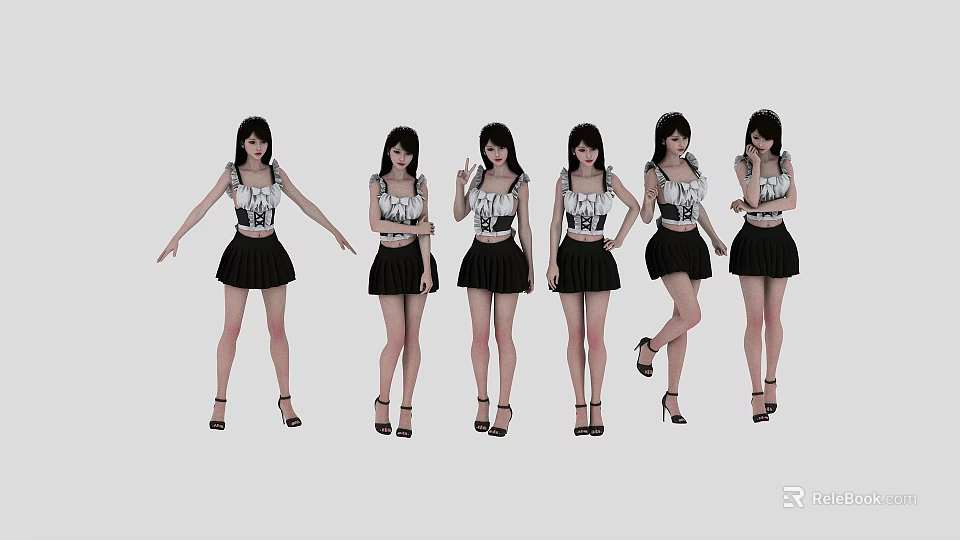 Group of women wearing white tops and black skirts posing in various different stances 3d model 