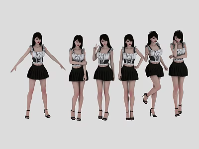 Group of women wearing white tops and black skirts posing in various different stances 3d model
