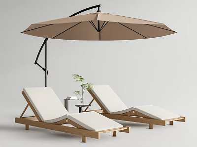 Comfortable Outdoor Lounge Chairs with Wooden Frame White Cushions and Beige Sun Umbrella 3d model