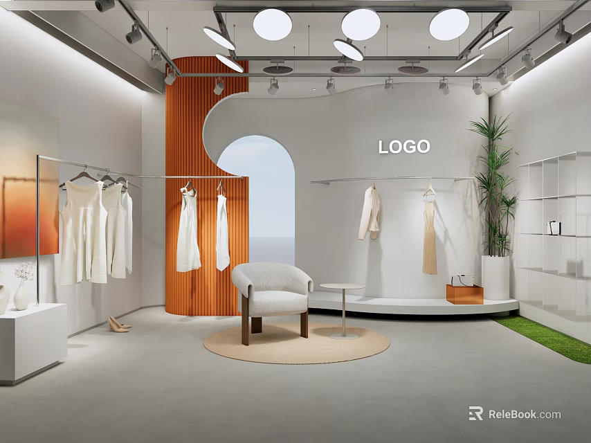 Public Office Space Featuring Wooden Decorative Wall Arched Window White Chairs Circular Carpet And Green Plants 3d model 