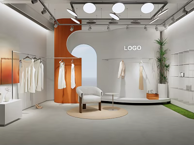 Public Office Space Featuring Wooden Decorative Wall Arched Window White Chairs Circular Carpet And Green Plants 3d model