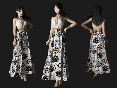 Woman Wearing White Top With Sunflower And Floral Pattern Long Skirt 3d model