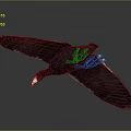 Flying Bird With Dark Colored Feathers White Beak Red Eyes And Green Spots