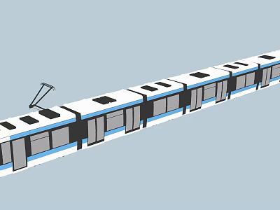 Blue and White Modern Tram Featuring Multiple Carriages and Pantograph for Urban Commuting 3d model
