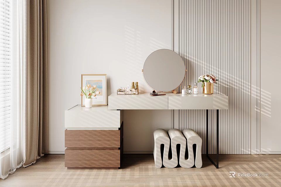 Modern Vanity Table with Round Mirror Decorative Items and Flowers Against Striped Wall 3d model