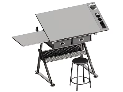 Functional Desk with Tilting Tabletop Circular Hole Two Drawers Side Shelf Control Knobs and Stool 3d model