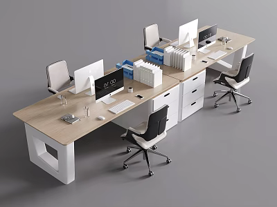 Modern Office Desk With Wooden Top White Frame And Office Chairs Computers Files 3d model