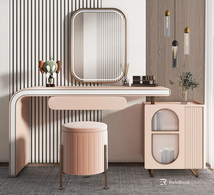 Elegant Pastel Pink Vanity Table With Oval Mirror Striped Wall Round Stool And Glass Cabinet 3d model 