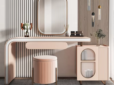 Elegant Pastel Pink Vanity Table With Oval Mirror Striped Wall Round Stool And Glass Cabinet 3d model