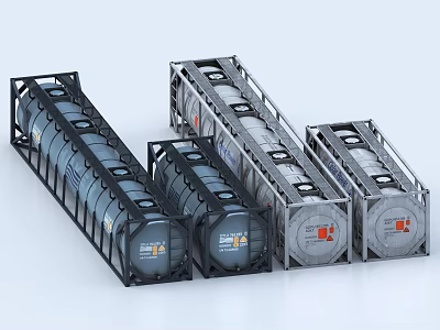 Multiple Industrial Tank Containers With Metal Frames For Storage And Transport 3d model