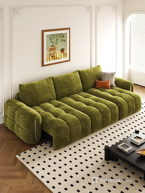 Green velvet multi-seater sofa with tufted design and throw pillows in modern living room 3d model 