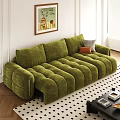Green velvet multi-seater sofa with tufted design and throw pillows in modern living room
