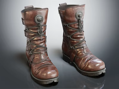 Brown Leather Boots With Lace Up Design Round Toe Thick Heel And Metal Buckle Decoration 3d model