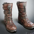 Brown Leather Boots With Lace Up Design Round Toe Thick Heel And Metal Buckle Decoration