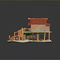 Overwater Wooden Cottage Featuring Red Roof Wooden Staircase Small Boat and Turquoise Water Sandy Beach