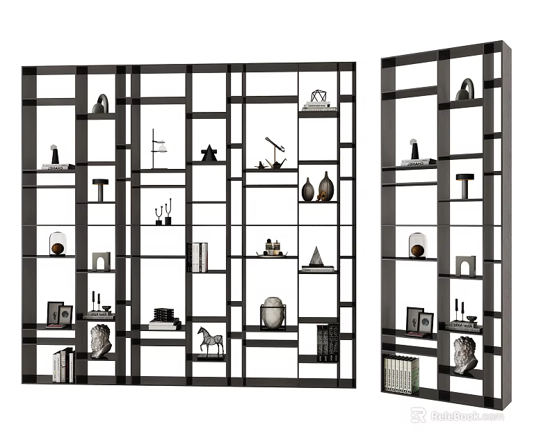 Modern Bookcase with Multiple Shelves Holding Decorative Items Photo Frames and Vases 3d model 