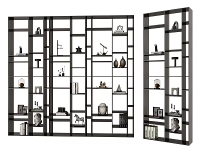 Modern Bookcase with Multiple Shelves Holding Decorative Items Photo Frames and Vases 3d model