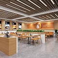 Modern Restaurant Interior With Wooden Counter Tables Chairs Green Plants And Menu Screens