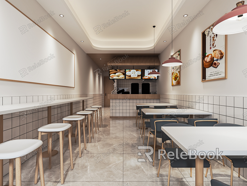 Modern snack bar steamed stuffed bun shop catering snack bar fast food restaurant breakfast shop booth dining table and chair bar table ordering table open file model