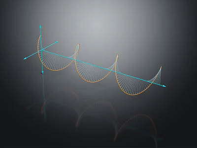 3D Mathematical Spiral Curve With Blue Axis Lines Golden Yellow Structure Dark Background Reflection Effect 3d model