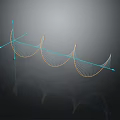 3D Mathematical Spiral Curve With Blue Axis Lines Golden Yellow Structure Dark Background Reflection Effect