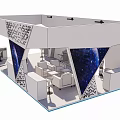 Modern Exhibition Booth Design With Geometric Patterns Blue Backdrop And Seating 3d model