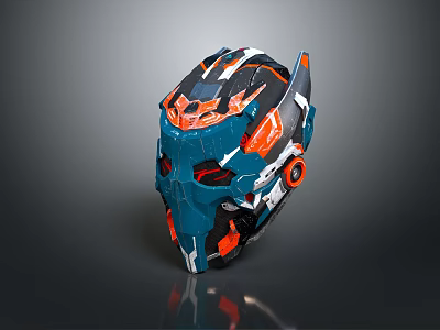 Futuristic Mechanical Helmet Blue Orange And White With Geometric Patterns And Circular Accents 3d model