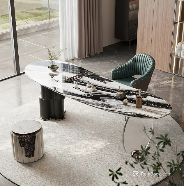 Modern Tea Table Set With Marble Top Green Chair And Tea Accessories 3d model 