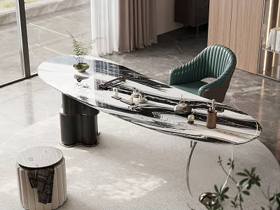 Modern Tea Table Set With Marble Top Green Chair And Tea Accessories 3d model