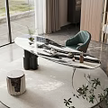 Modern Tea Table Set With Marble Top Green Chair And Tea Accessories