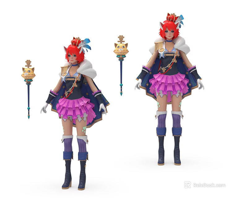 Game Movie Character With Red Hair Crown Purple Skirt White Cape And Golden Scepter 3d model 
