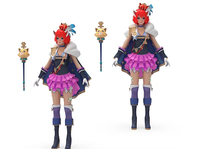 Game Movie Character With Red Hair Crown Purple Skirt White Cape And Golden Scepter 3d model