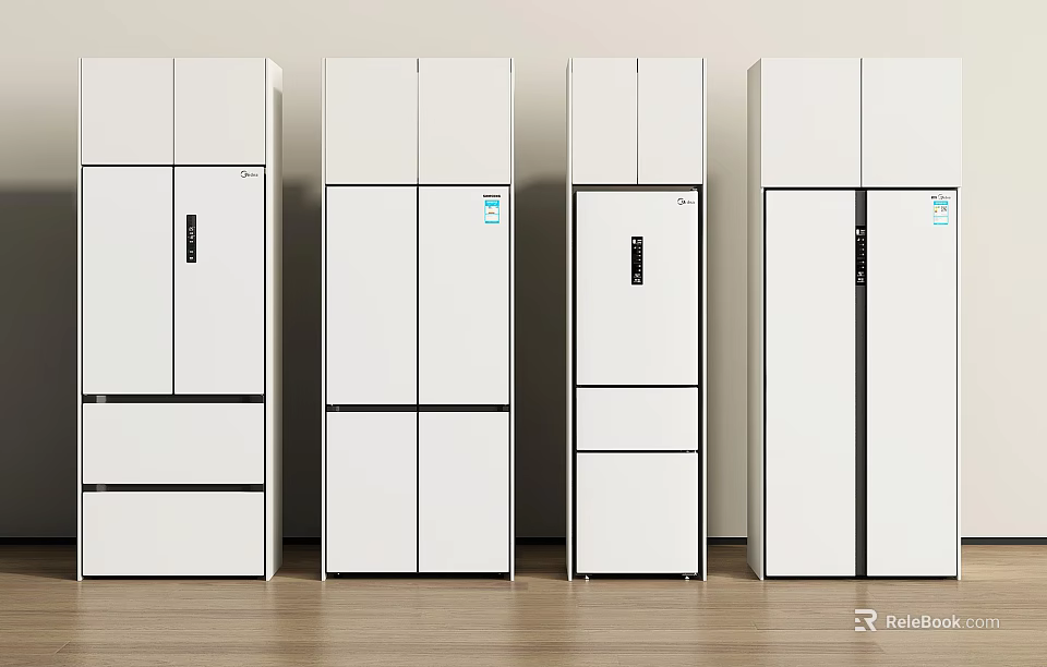 Contemporary White Refrigerators And Freezers With Sleek Design Arranged Side By Side 3d model 