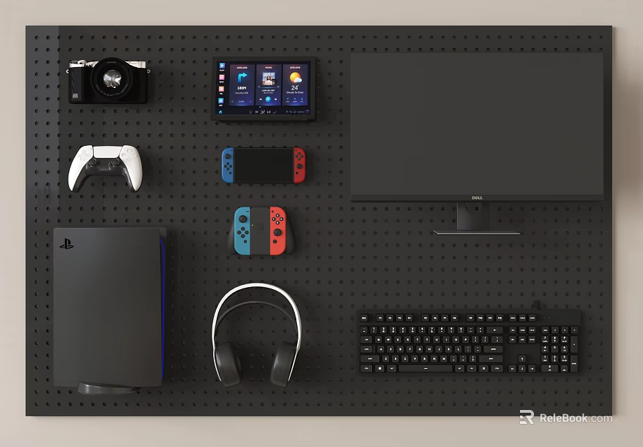 Organized Entertainment Electronics Display With Game Controllers Headphones Monitor And Camera 3d model 