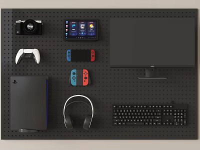 Organized Entertainment Electronics Display With Game Controllers Headphones Monitor And Camera 3d model