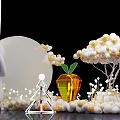 Whimsical Decorative Setup Featuring White Rabbit Round Moon Yellow Flowers And Carrot Accents