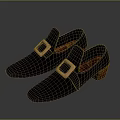 Stylish Black Leather Loafers With Square Metal Buckle And Wooden Heel Design