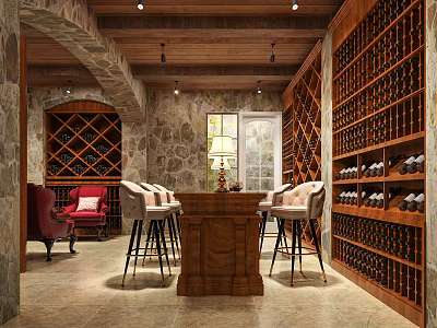 Elegant Wine Cellar Interior With Stone Walls Wooden Ceiling Wine Racks Bar And Chairs 3d model