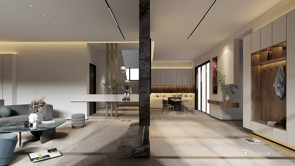 Elegant Modern Living Dining Room Interior With Open Layout Sofa Dining Table And Pendant Lighting 3d model 